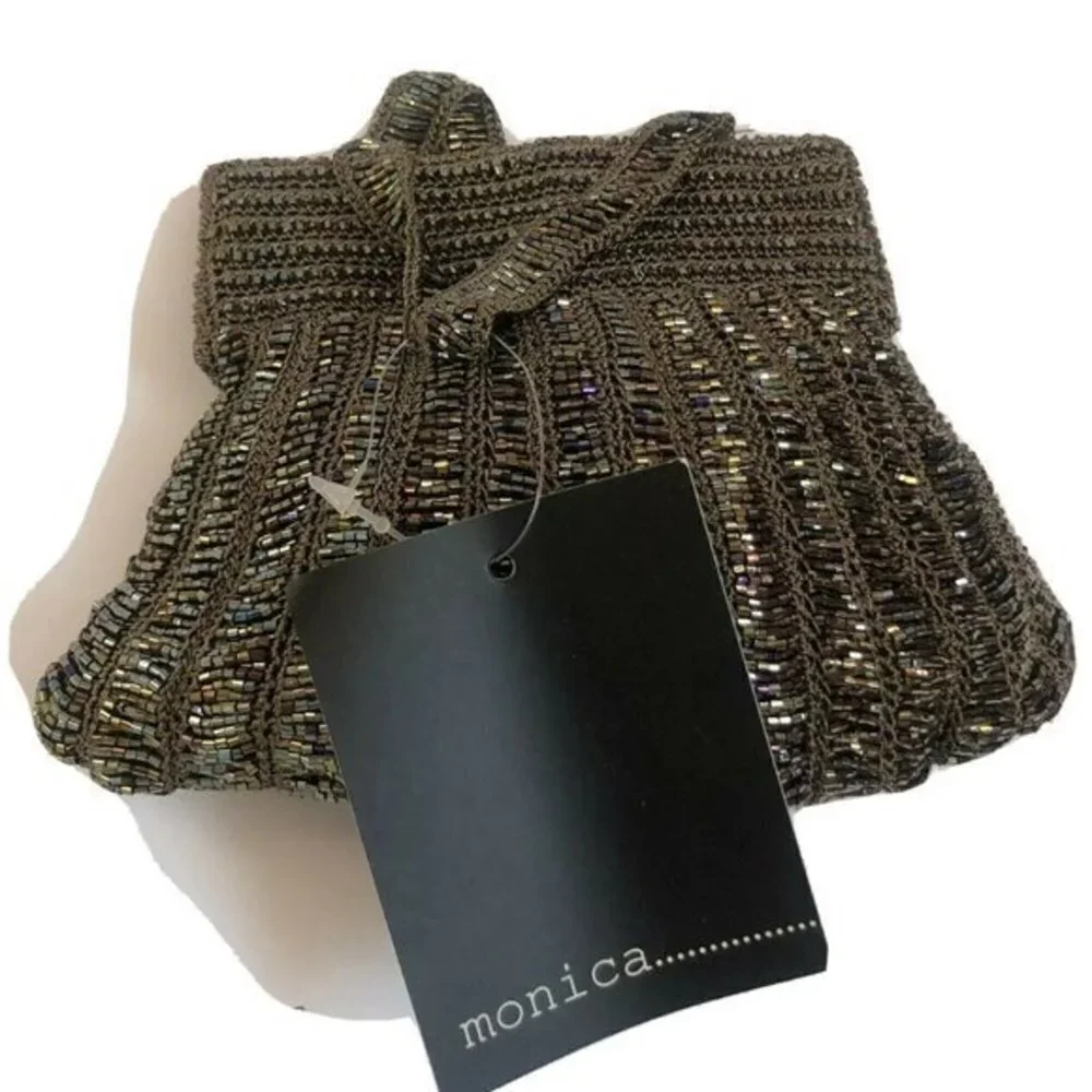 Designer Women prom formal party Purse pewter Beaded Crochet Clutch